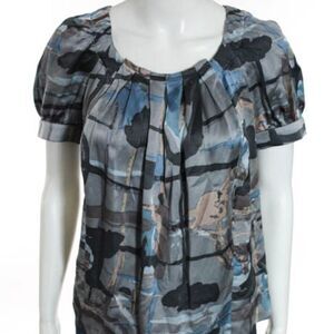 Mint Gray Brown Abstract Print Short Sleeve Top 0